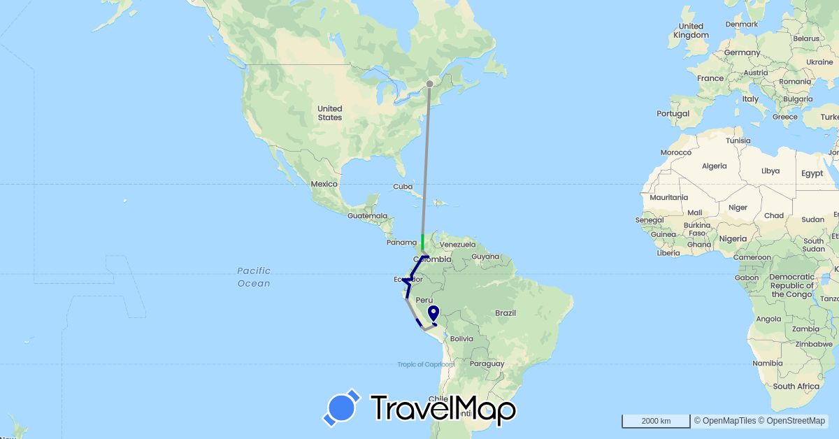 TravelMap itinerary: driving, bus, plane in Canada, Colombia, Ecuador, Peru (North America, South America)
